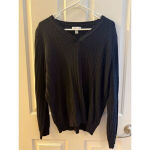 Cable Knit V-Neck Pullover Sweater – Black, XL Cozy Classic